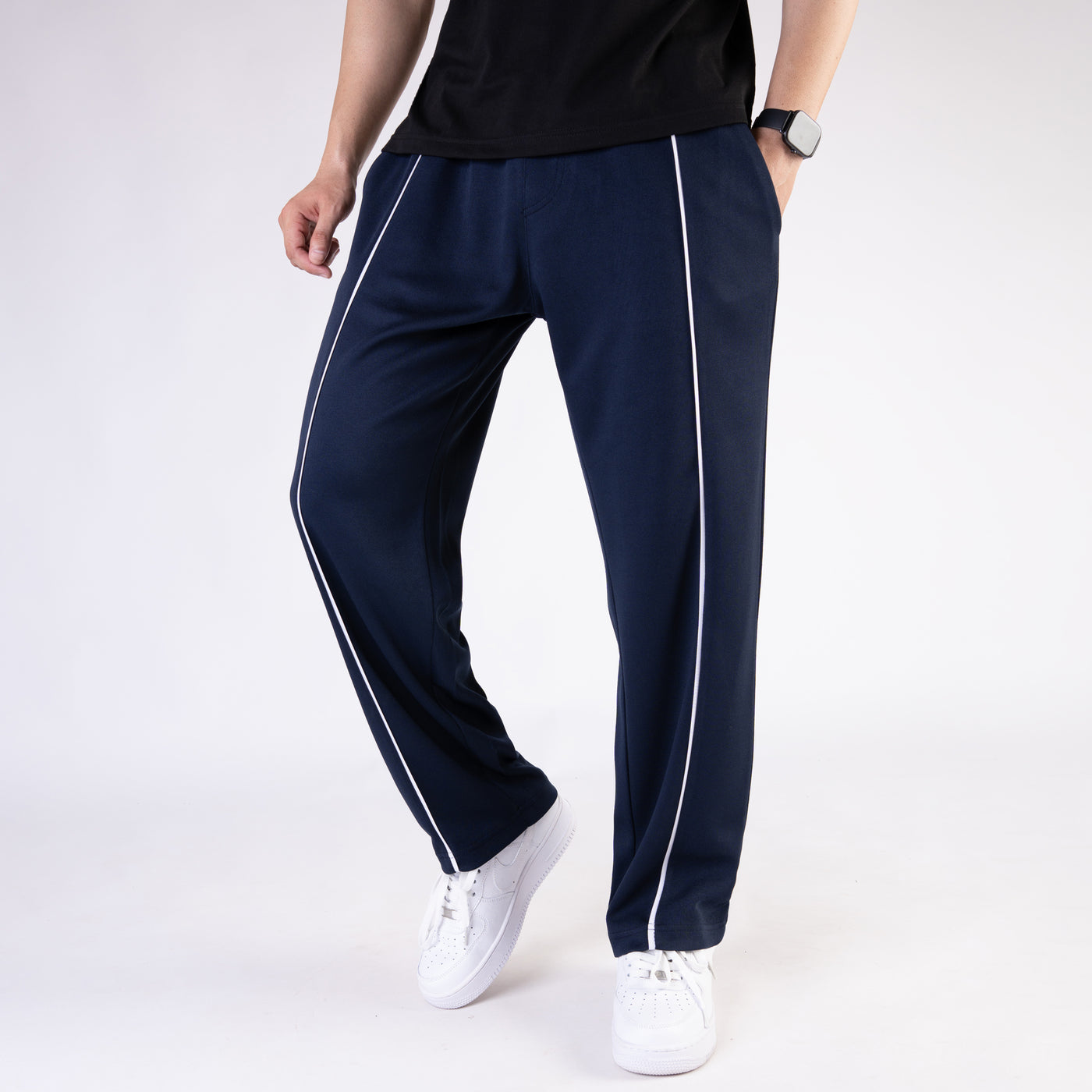 Navy Wide Leg Trouser with White Piping