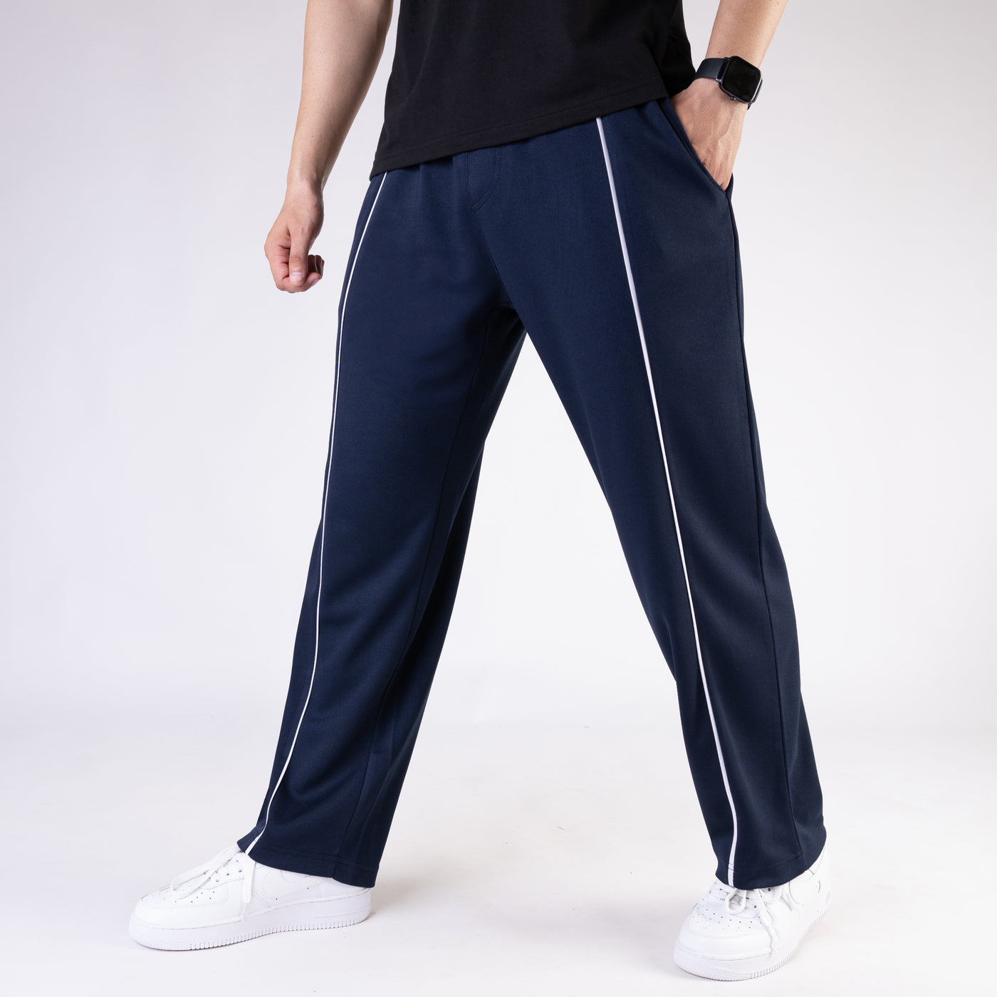 Navy Wide Leg Trouser with White Piping