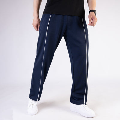 Navy Wide Leg Trouser with White Piping