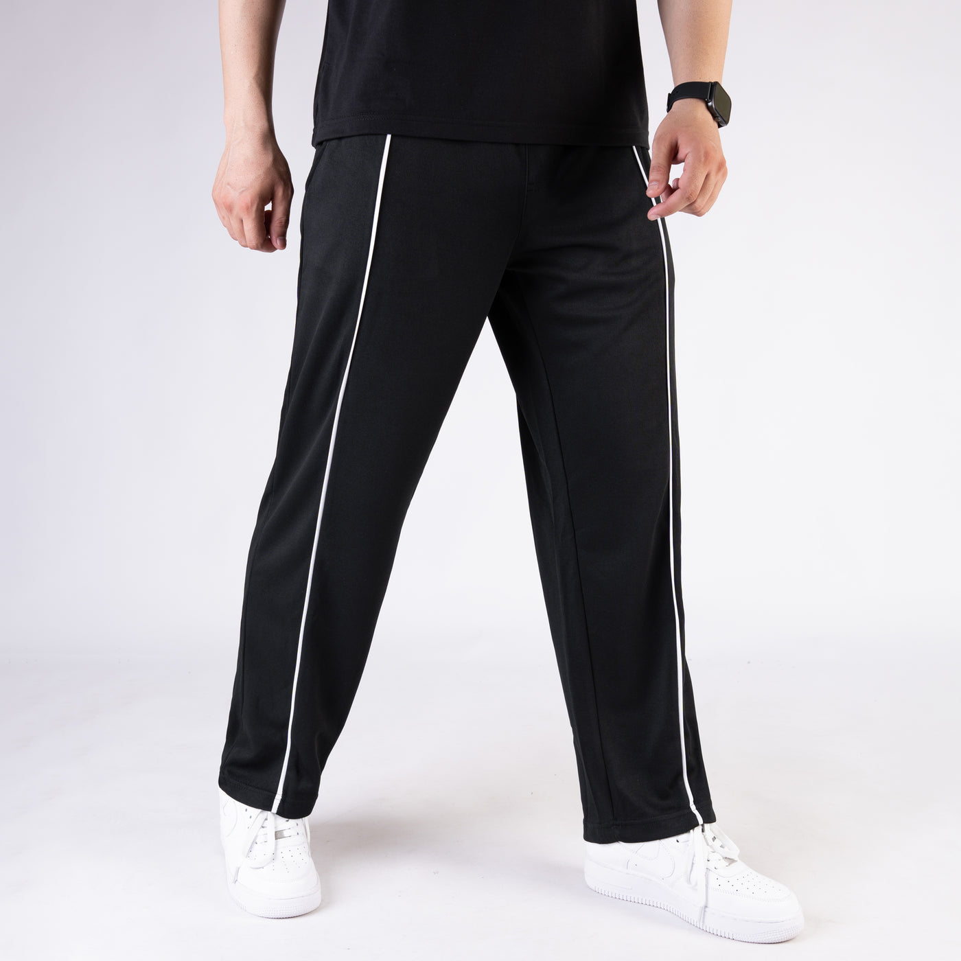 Black Wide Leg Trouser with White Piping