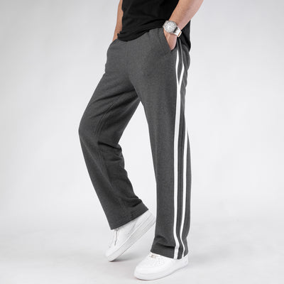 Textured Gray Wide Leg Trouser with Two White Stripes