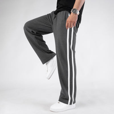 Textured Gray Wide Leg Trouser with Two White Stripes