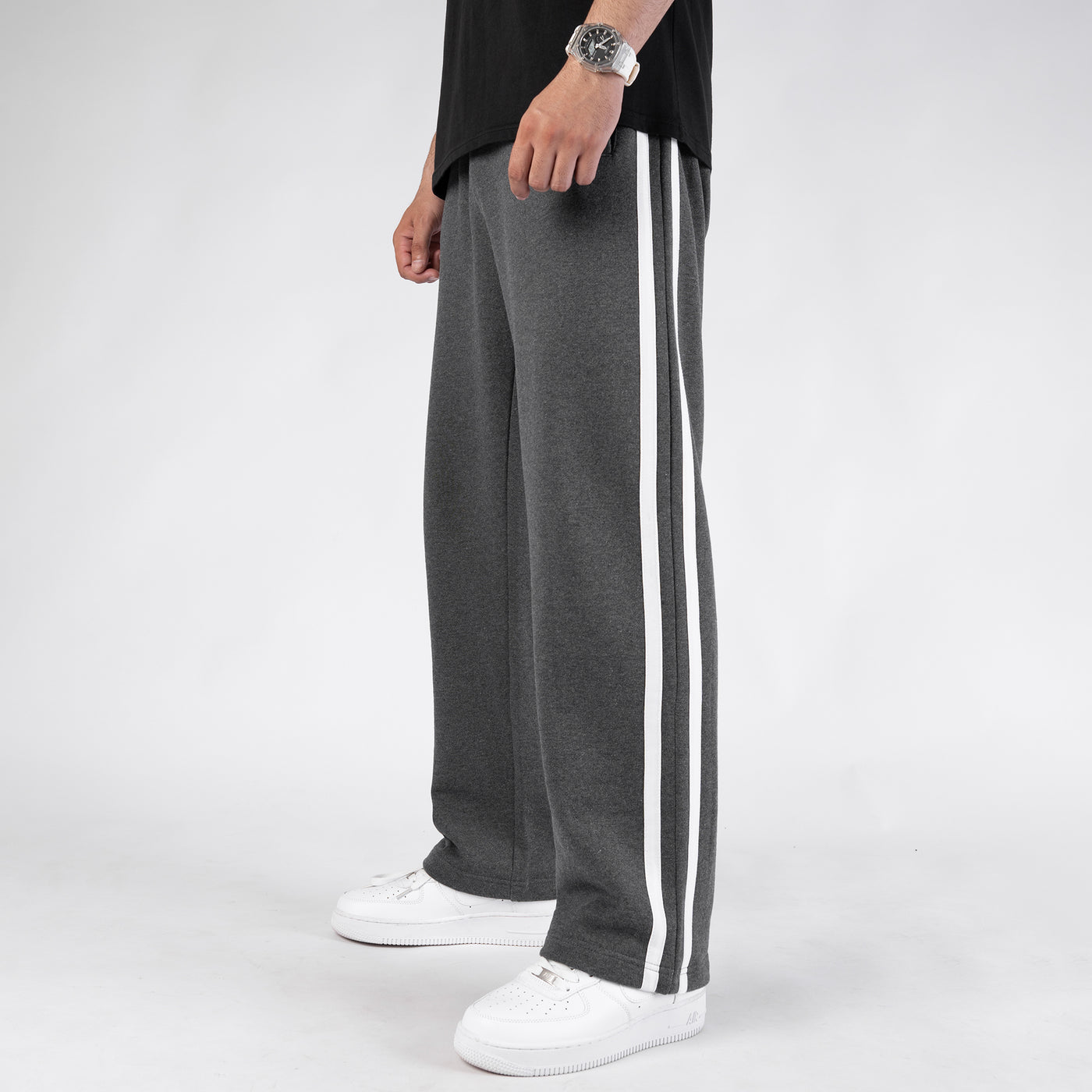 Textured Gray Wide Leg Trouser with Two White Stripes