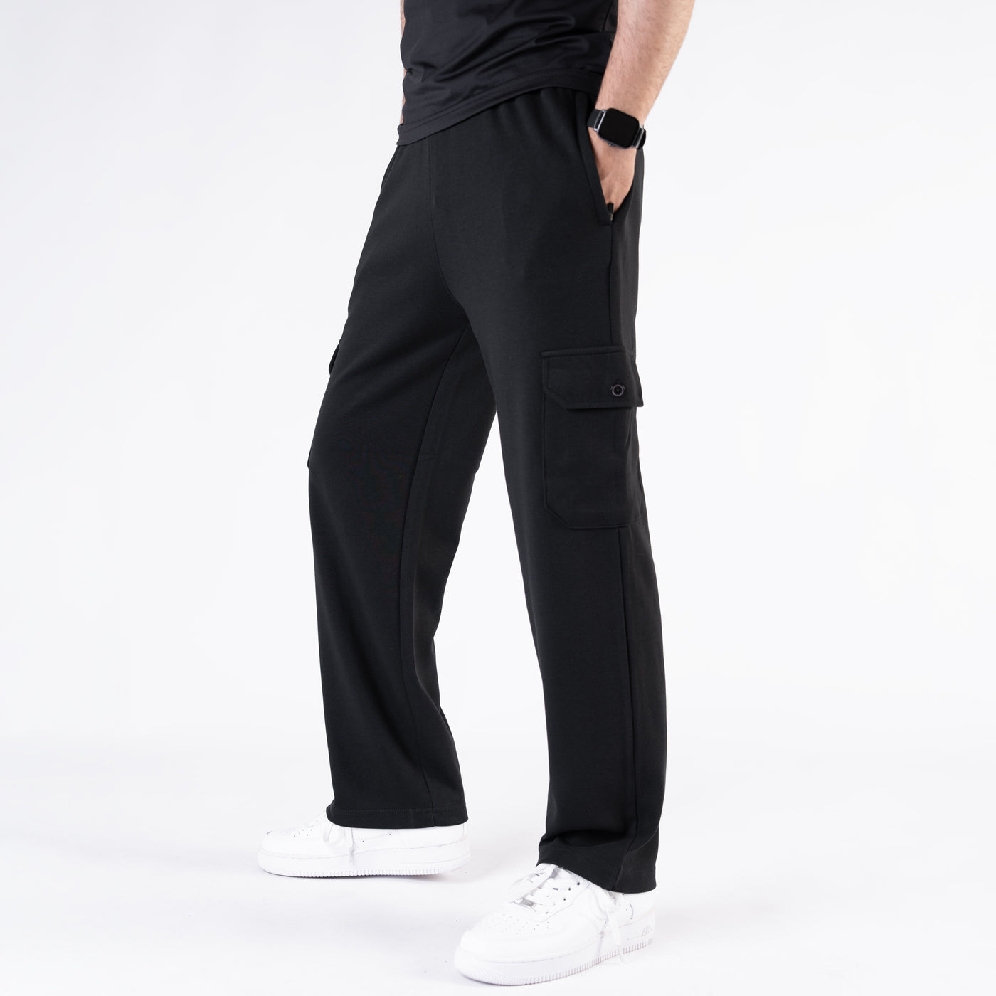 Black Interlock Wide Leg Cargo Trouser