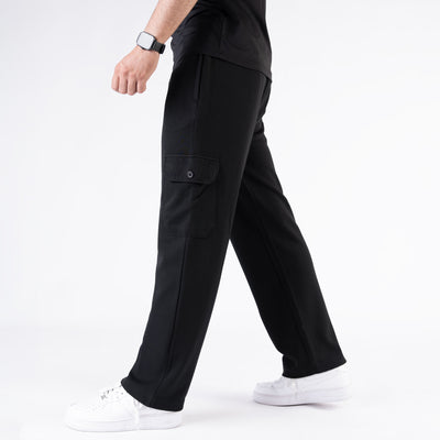 Black Interlock Wide Leg Cargo Trouser