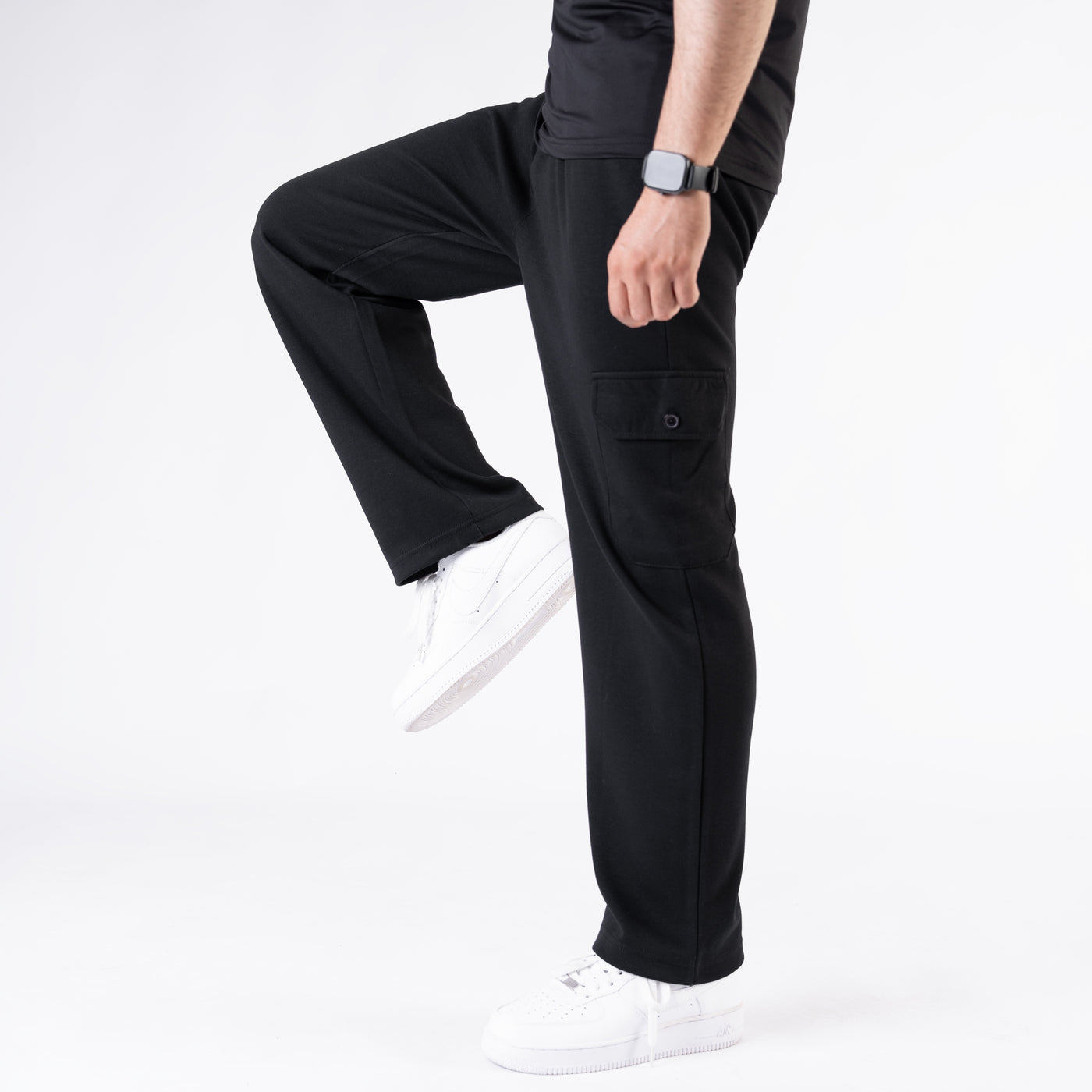 Black Interlock Wide Leg Cargo Trouser