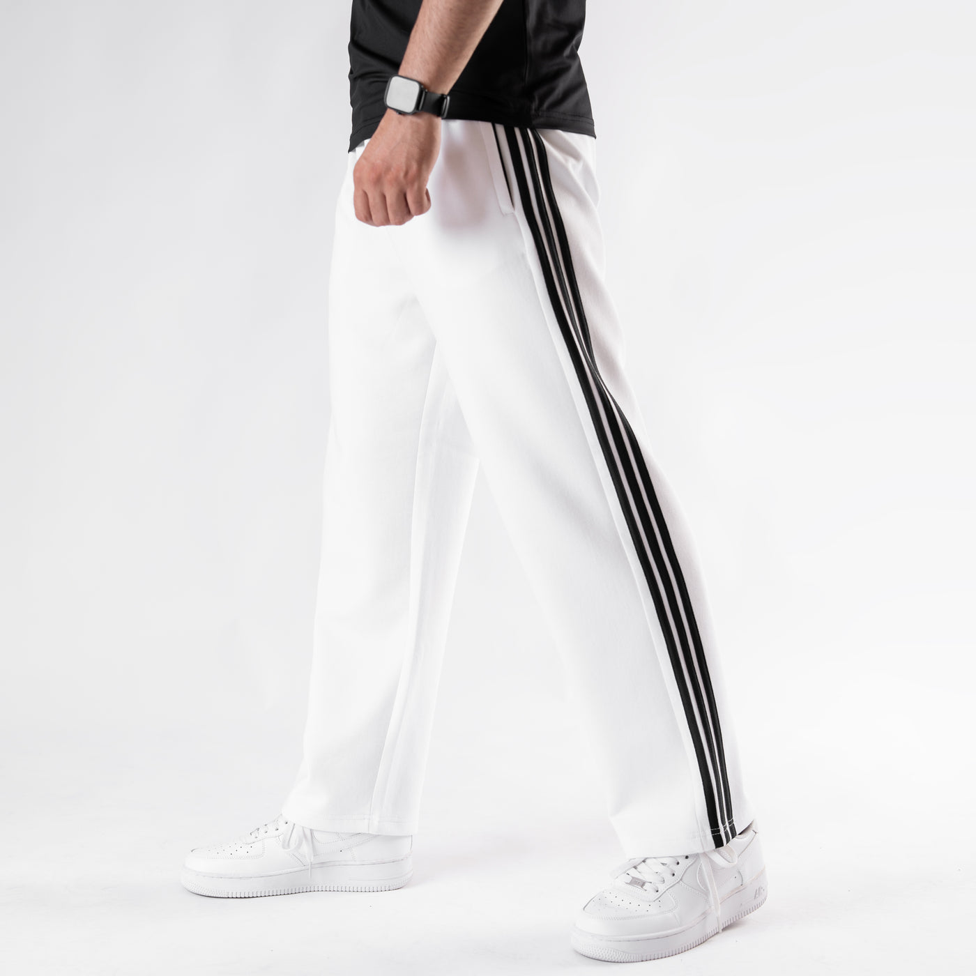 White Lycra Trouser with Three Black Stripes