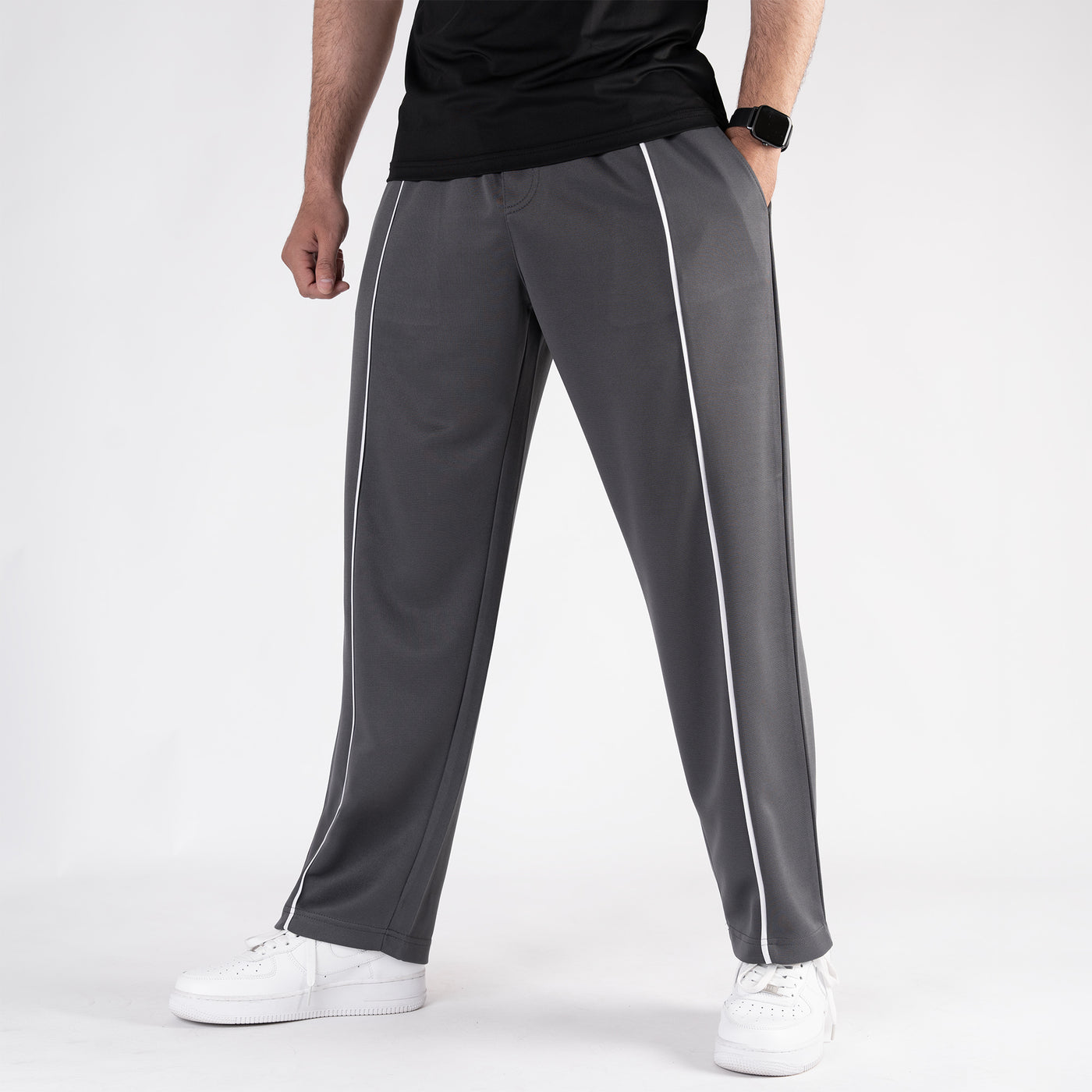 Gray Wide Leg Trouser with White Piping