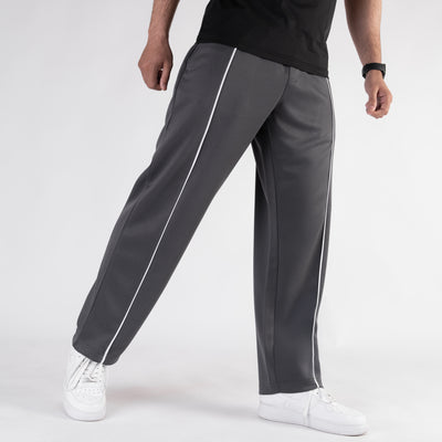 Gray Wide Leg Trouser with White Piping