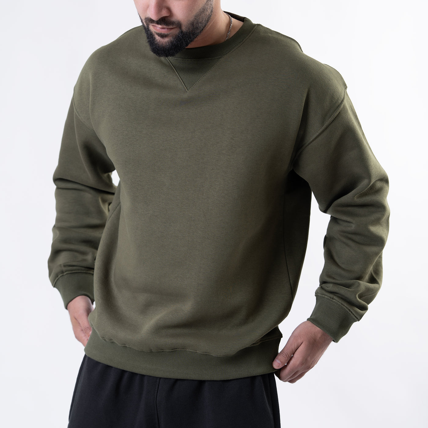 Olive Oversize V-Notch Fleece Sweatshirt