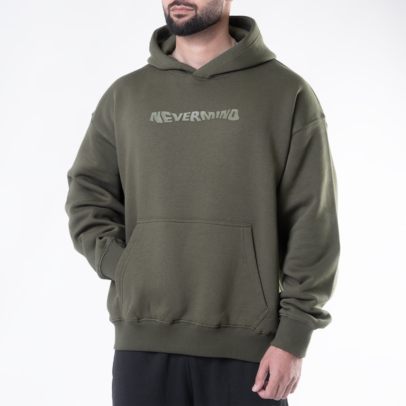 Olive Fleece Boxy Fit "Nevermind" Print Hoodie