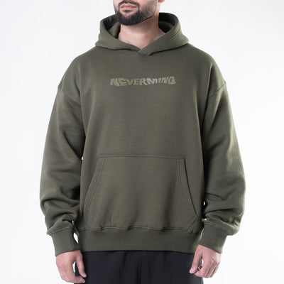 Olive Fleece Boxy Fit "Nevermind" Print Hoodie