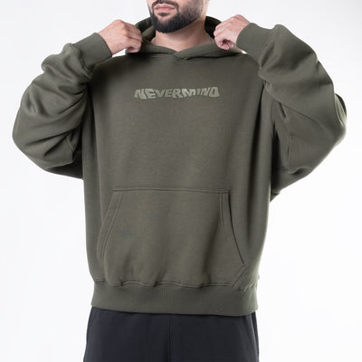 Olive Fleece Boxy Fit "Nevermind" Print Hoodie