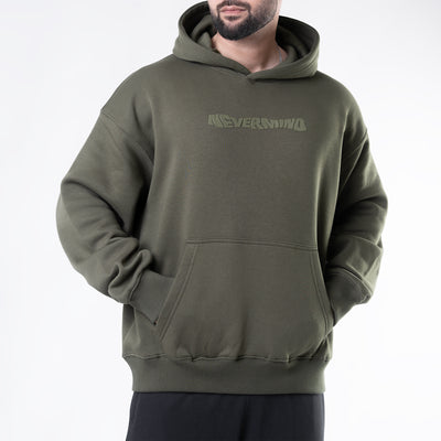 Olive Fleece Boxy Fit "Nevermind" Print Hoodie