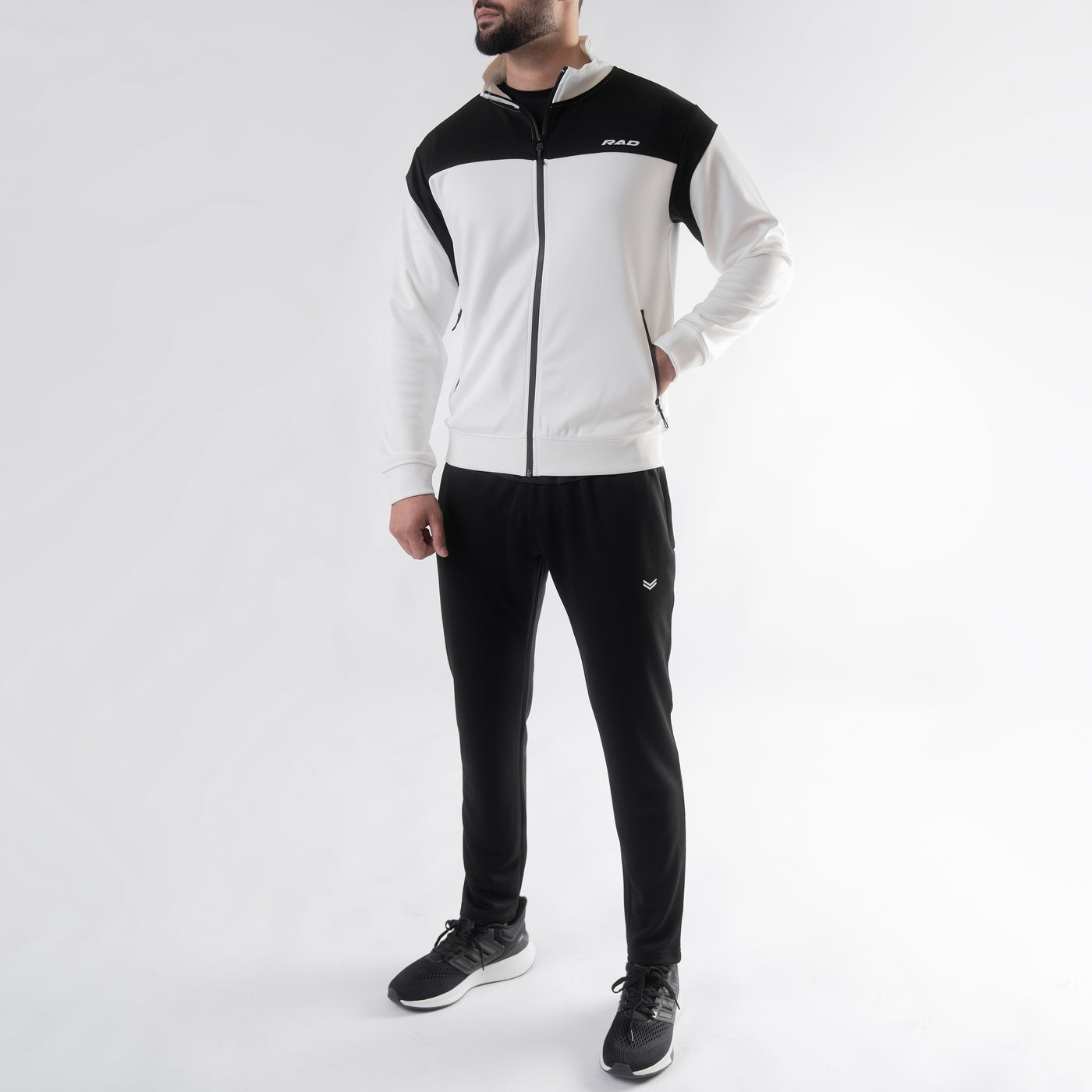 White & Black Mock Neck Tracksuit with Top Panels