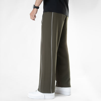 Olive Lycra Terry Double Piping Wide Leg Trousers