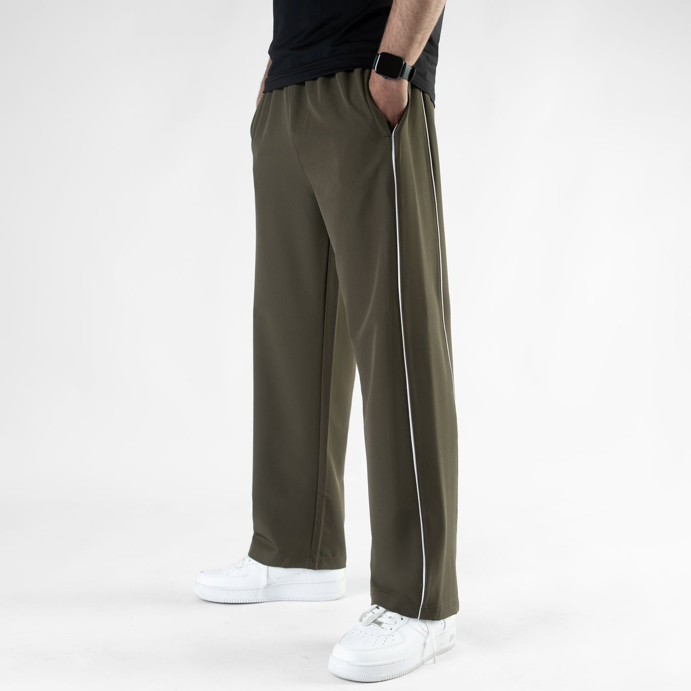 Olive Lycra Terry Double Piping Wide Leg Trousers