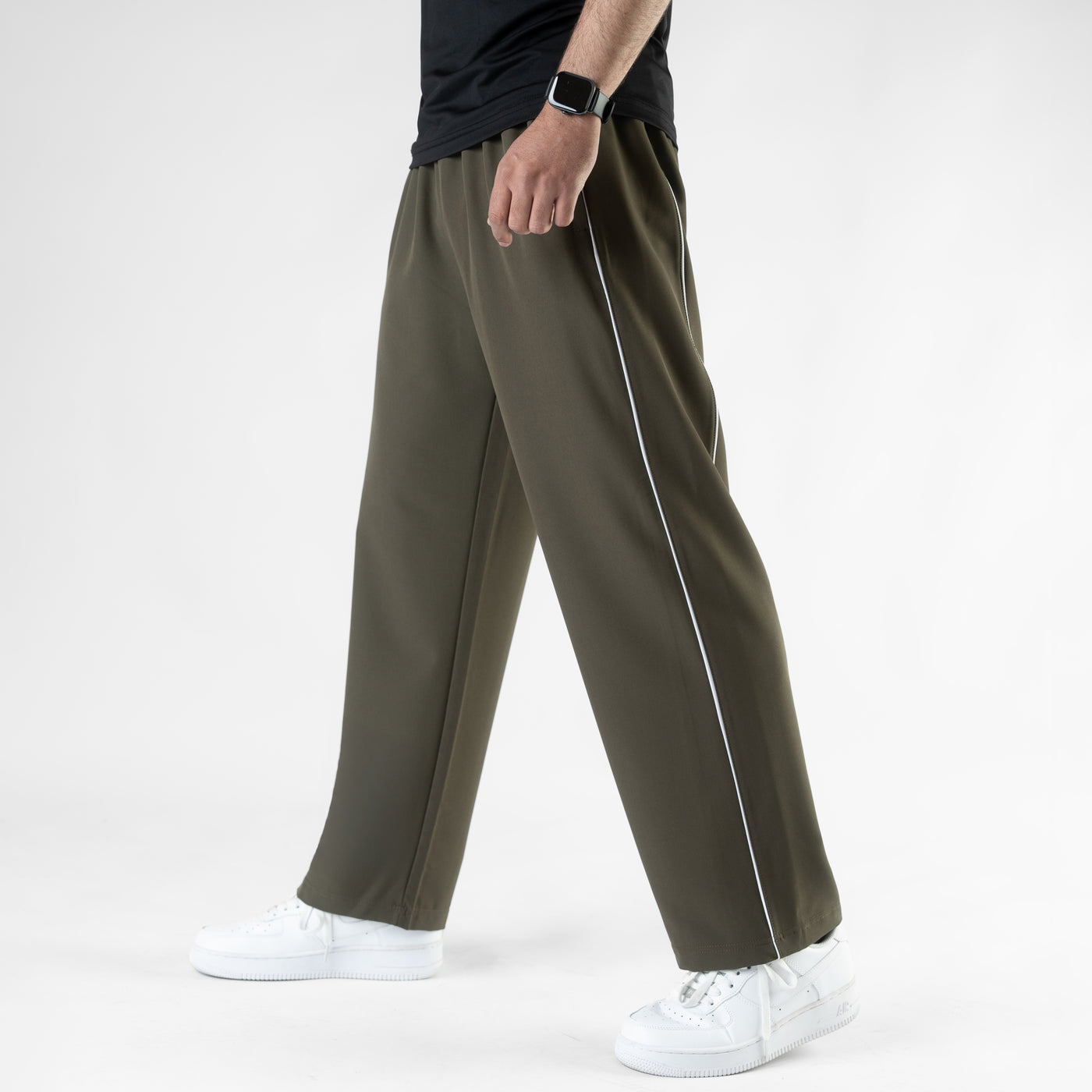 Olive Lycra Terry Double Piping Wide Leg Trousers