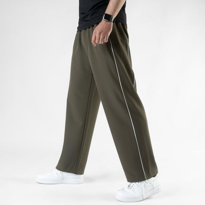 Olive Lycra Terry Double Piping Wide Leg Trousers