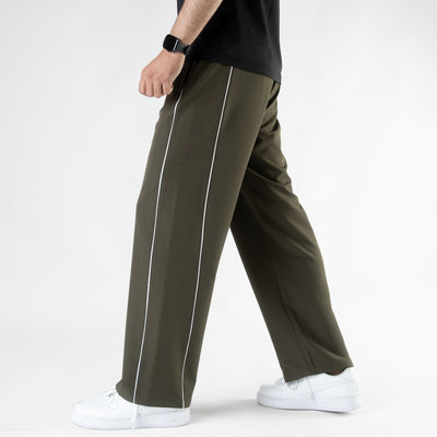 Olive Lycra Terry Double Piping Wide Leg Trousers