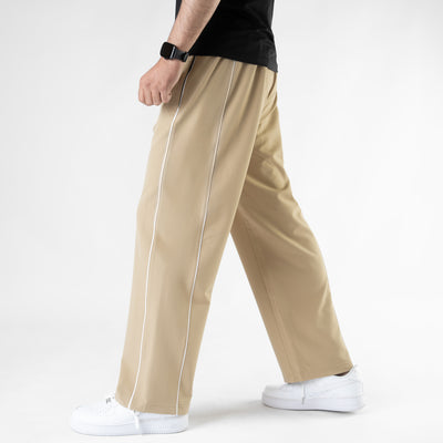 Beige Lycra Terry Double Piping Wide Leg Trousers