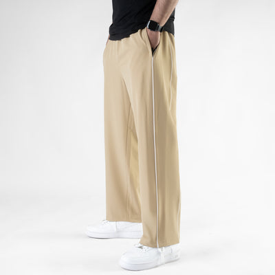 Beige Lycra Terry Double Piping Wide Leg Trousers