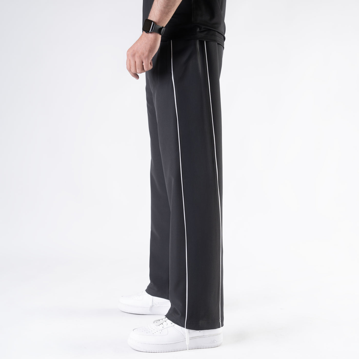 Charcoal Lycra Terry Double Piping Wide Leg Trousers