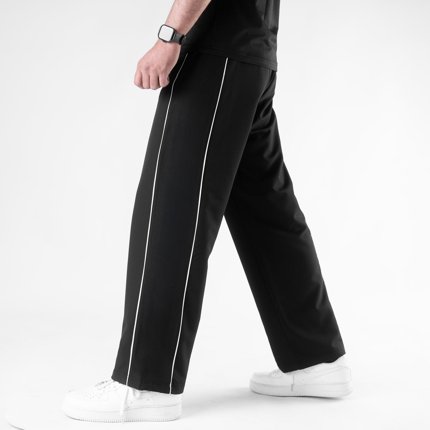 Black Lycra Terry Double Piping Wide Leg Trousers