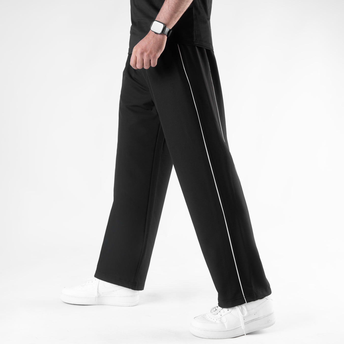 Black Lycra Terry Double Piping Wide Leg Trousers