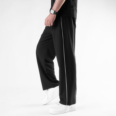 Black Lycra Terry Double Piping Wide Leg Trousers