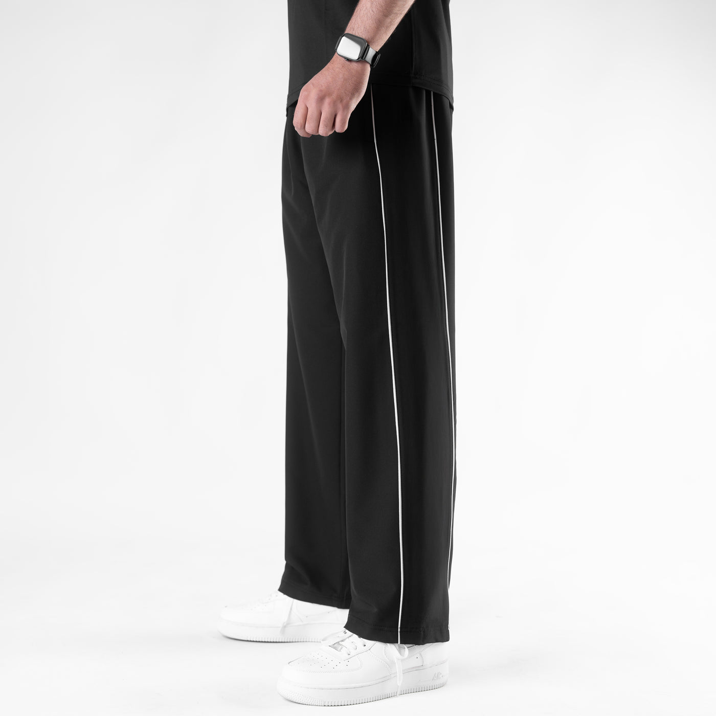 Black Lycra Terry Double Piping Wide Leg Trousers