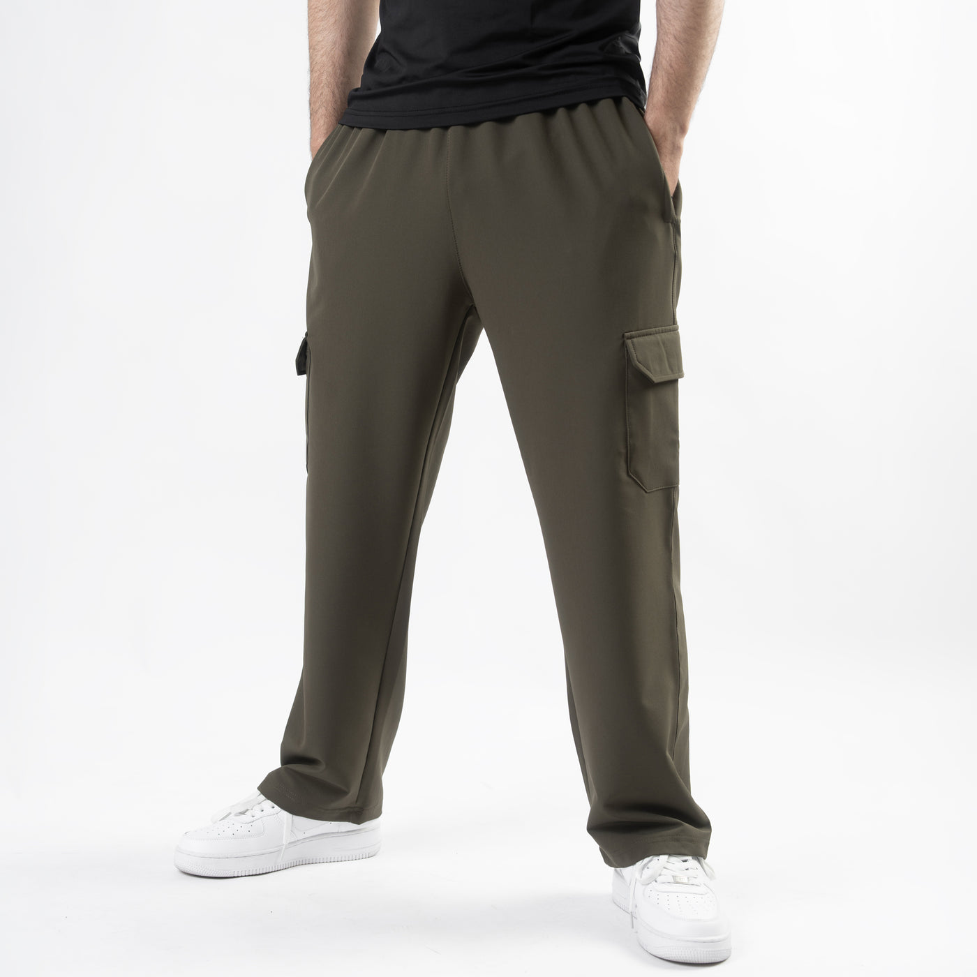 Olive Lycra Terry Wide Leg Cargo Trousers