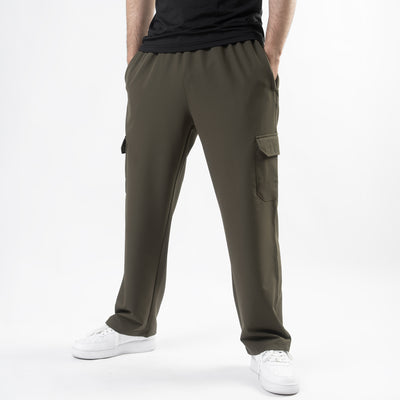 Olive Lycra Terry Wide Leg Cargo Trousers