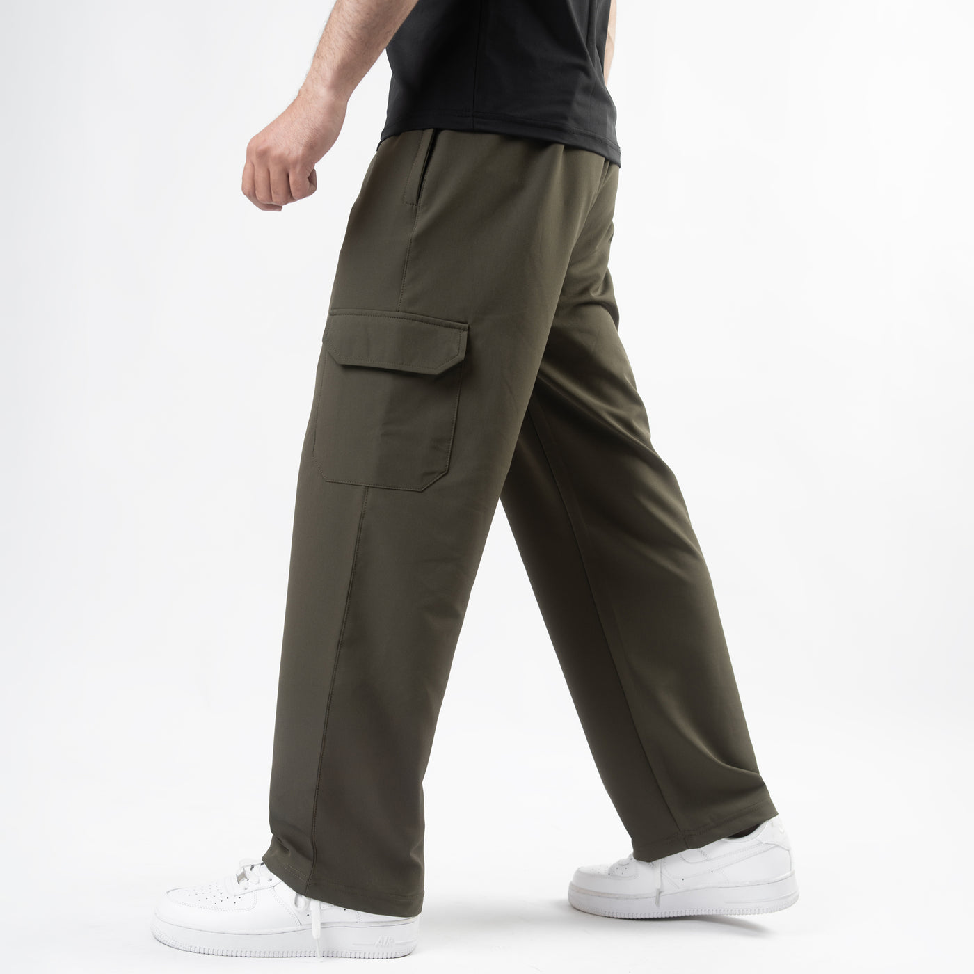 Olive Lycra Terry Wide Leg Cargo Trousers