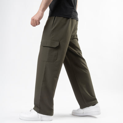 Olive Lycra Terry Wide Leg Cargo Trousers