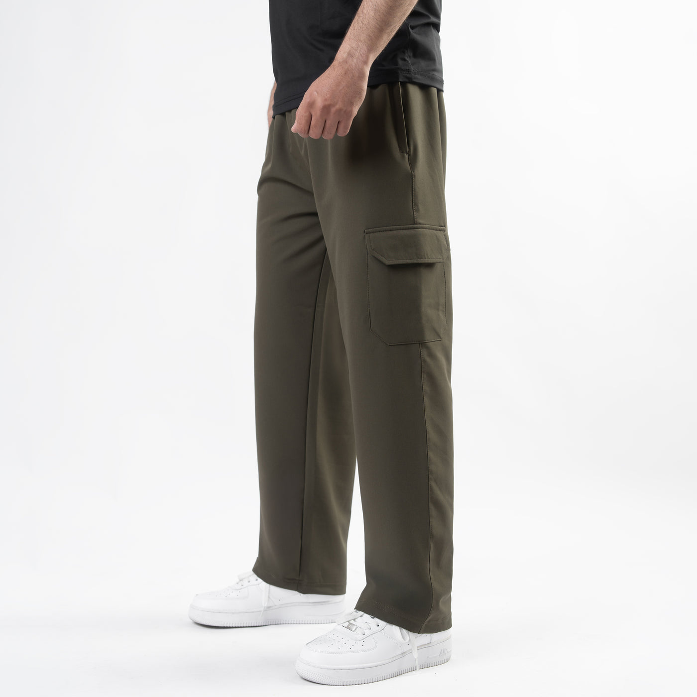 Olive Lycra Terry Wide Leg Cargo Trousers