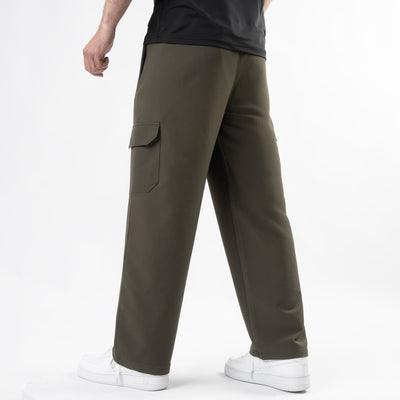 Olive Lycra Terry Wide Leg Cargo Trousers