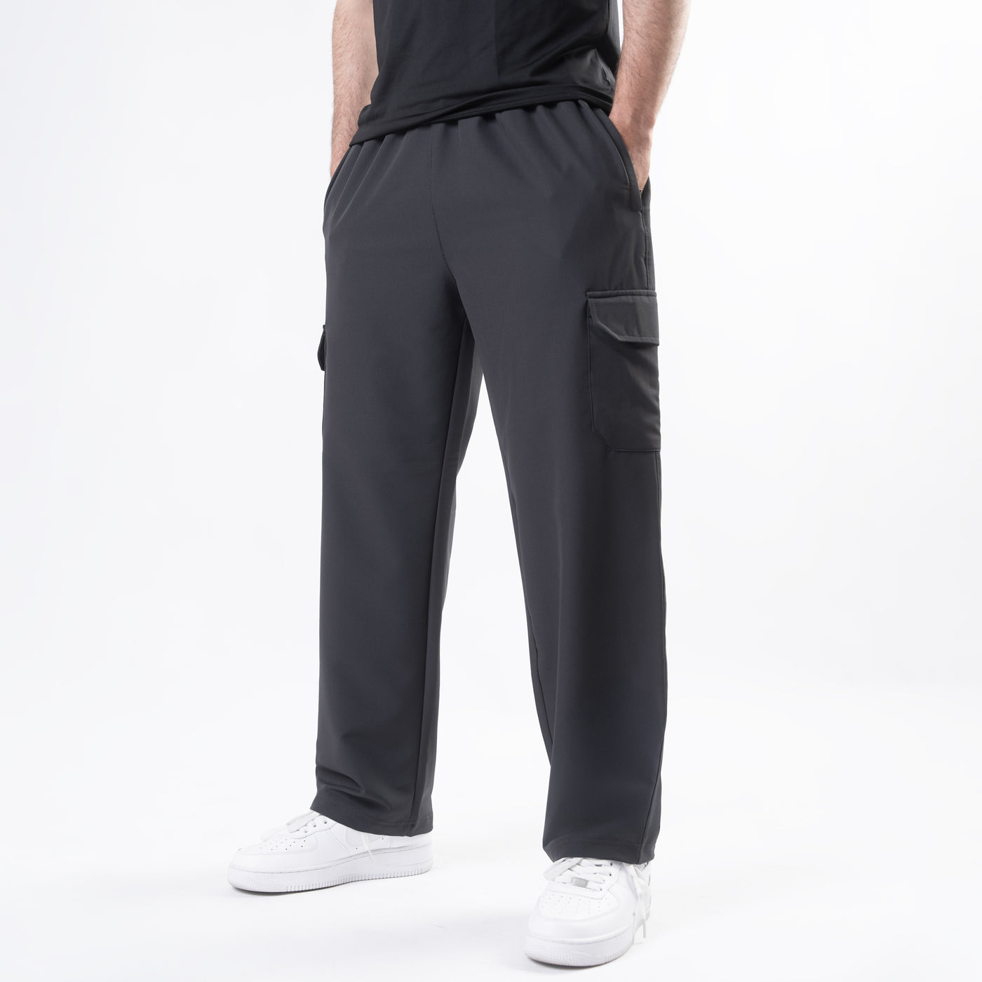 Charcoal Lycra Terry Wide Leg Cargo Trousers