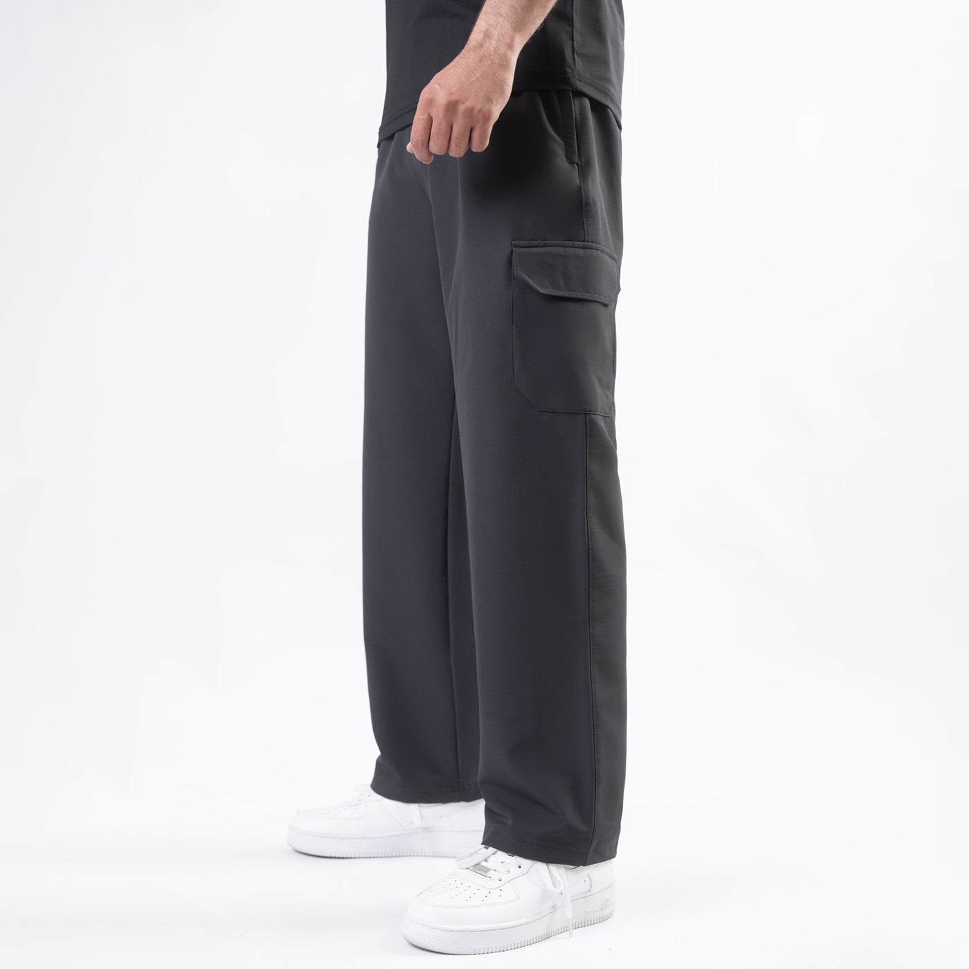 Charcoal Lycra Terry Wide Leg Cargo Trousers