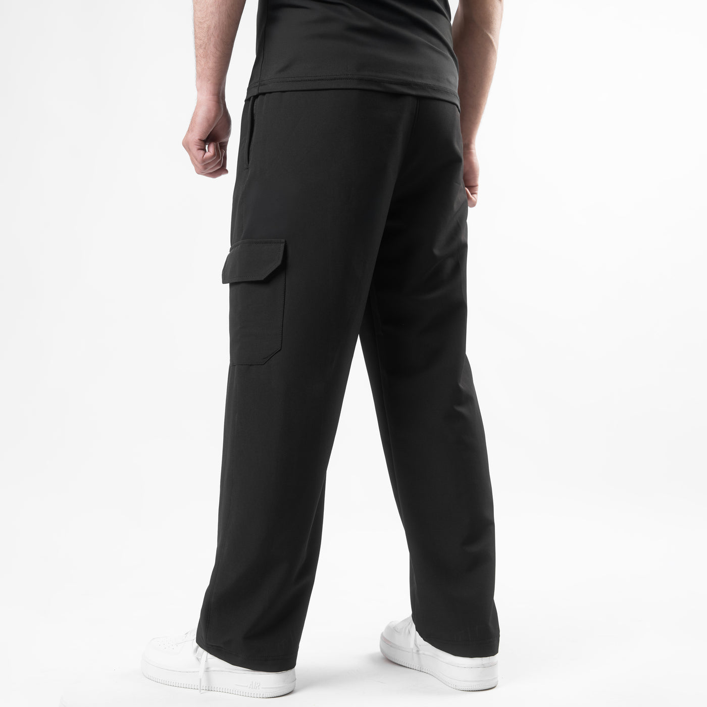 Black Lycra Terry Wide Leg Cargo Trousers