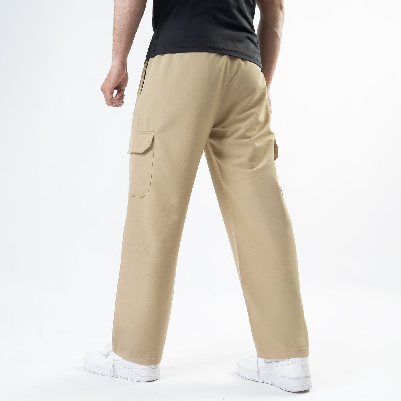 Beige Lycra Terry Wide Leg Cargo Trousers