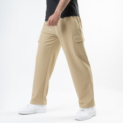 Beige Lycra Terry Wide Leg Cargo Trousers