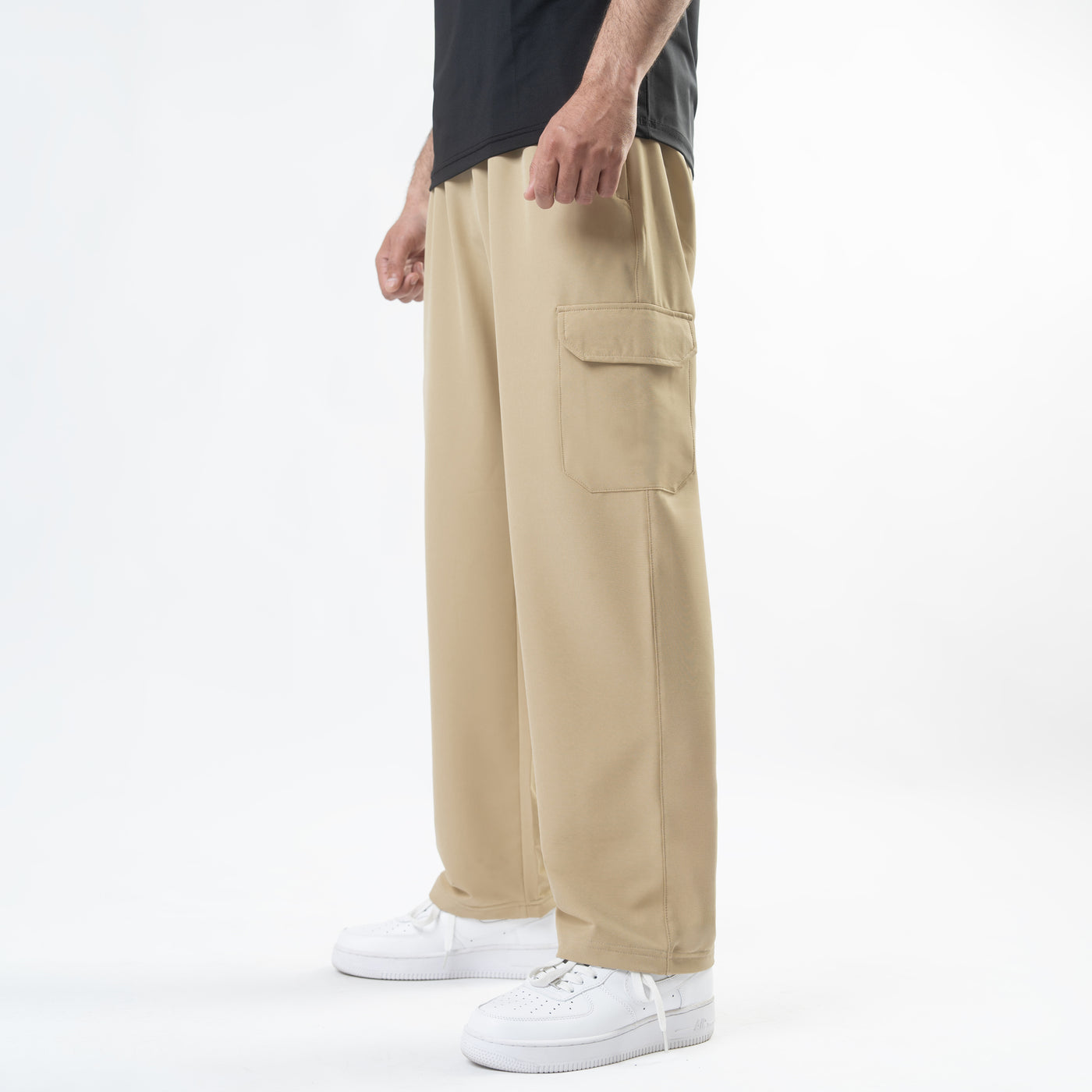 Beige Lycra Terry Wide Leg Cargo Trousers