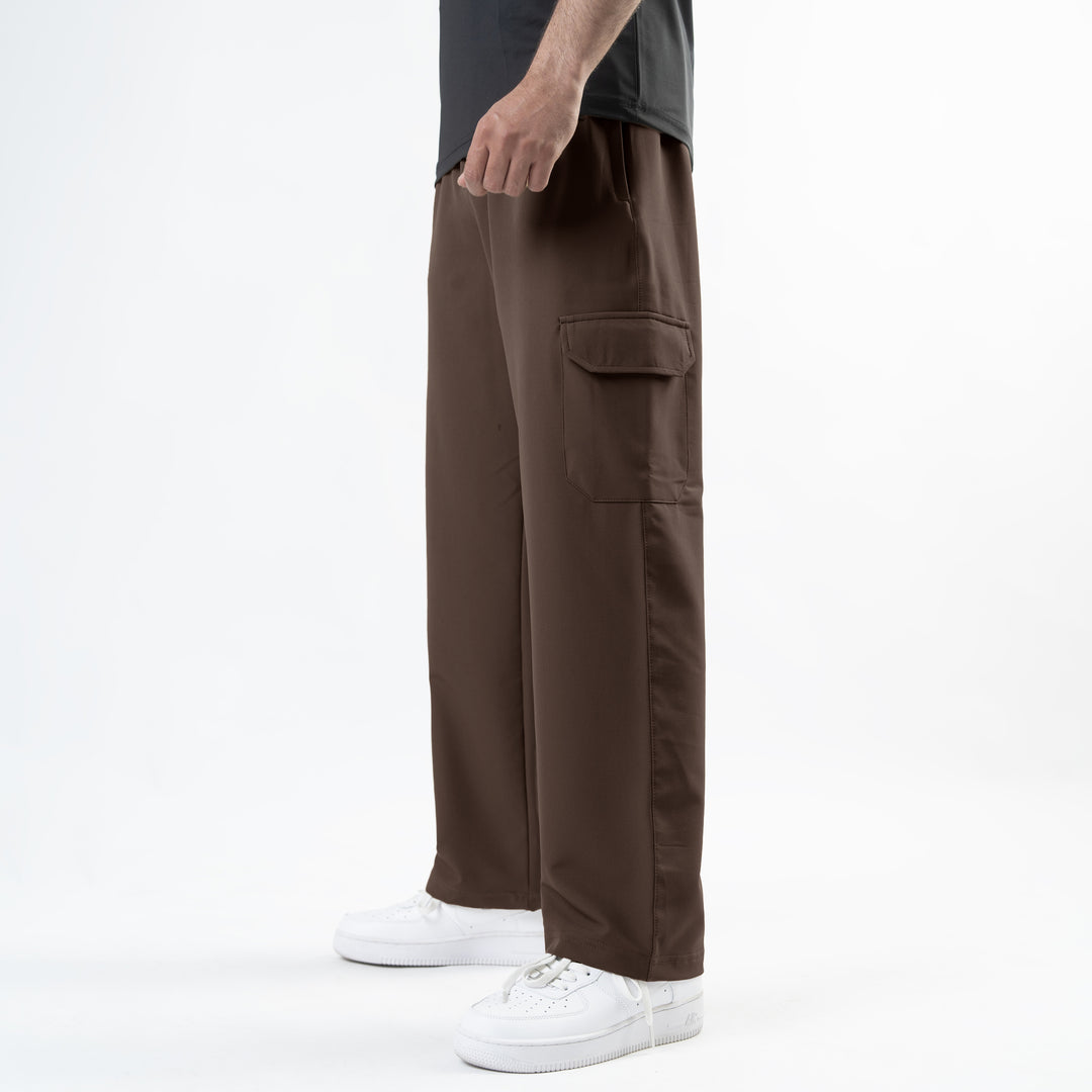Brown Lycra Terry Wide Leg Cargo Trousers