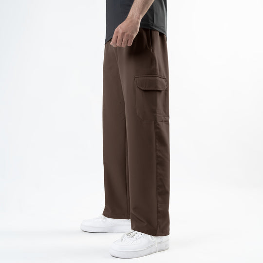 Brown Lycra Terry Wide Leg Cargo Trousers
