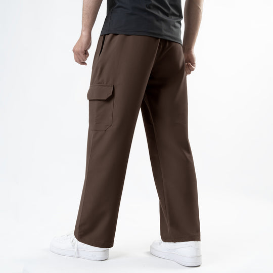 Brown Lycra Terry Wide Leg Cargo Trousers