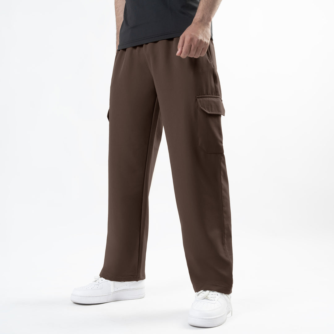 Brown Lycra Terry Wide Leg Cargo Trousers