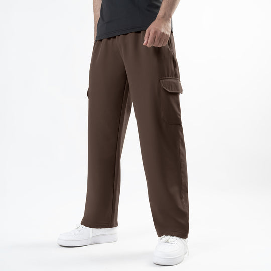 Brown Lycra Terry Wide Leg Cargo Trousers
