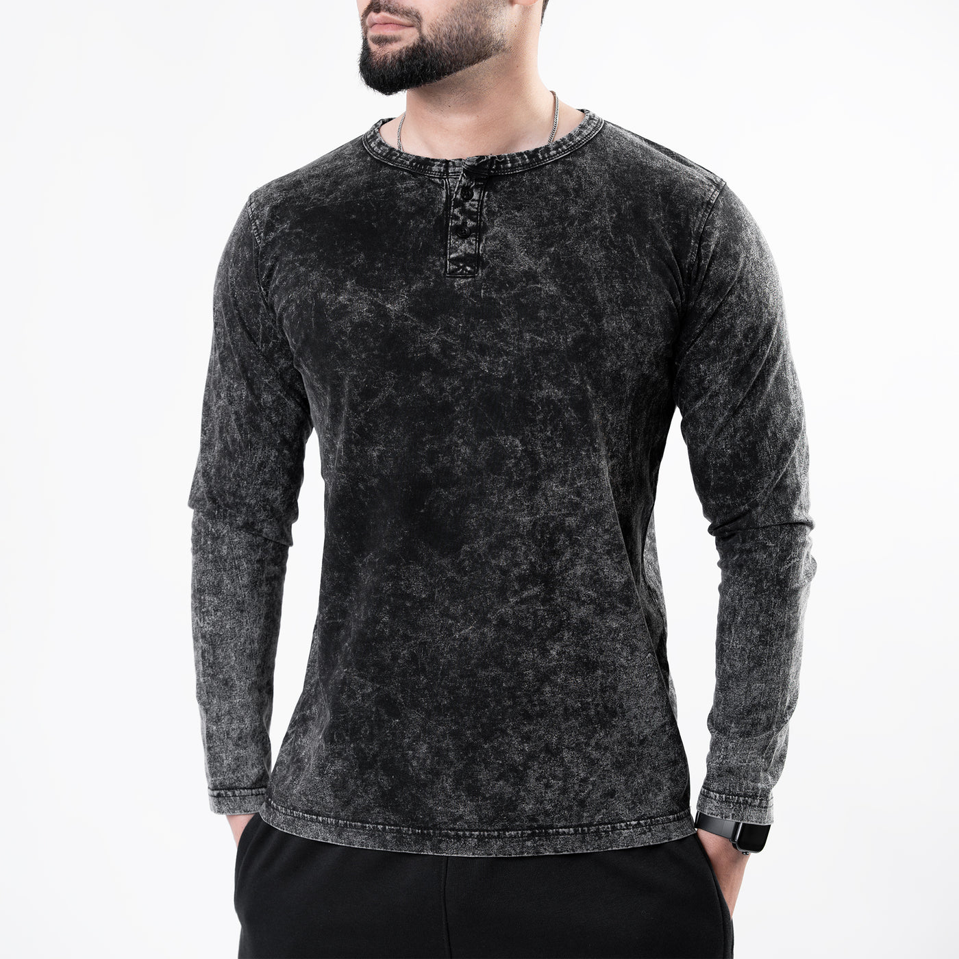 Acid Wash Black Henley