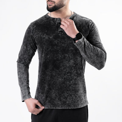 Acid Wash Black Henley